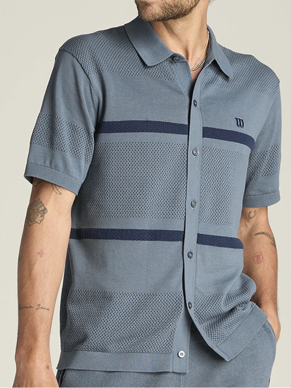 Wilson Men's Slate Blue Short-Sleeve Button-Down Knit Shirt with Navy Stripes